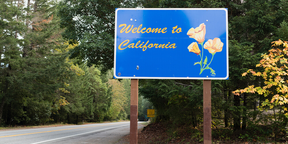 Photo of a sign along the California state lines, representing the geographic area that would be impacted by changes to electronic exhibits.
